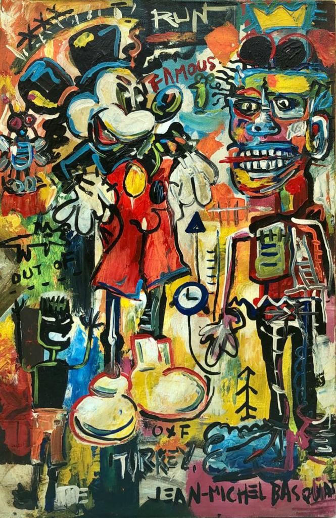 Jean Michel Basquiat American (Mixed Media on Canvas Painting) in the style of: Jean Michel Basquiat appears at the Lower right of the painting .Rendered in the style of Jean Michel Basquiat. Technique: Mixed Media on canvas Painting. Measures:23 x 15 Inches. Provenance:Private C
