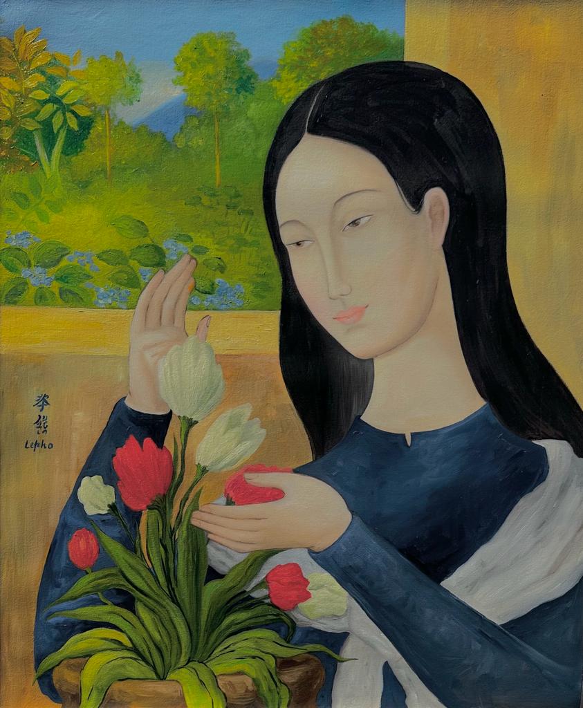 Le Pho Vietnamese (Oil on Canvas Painting) in the style of: Le Pho appears in the Center Left margin of the painting. Rendered in the style of Le Pho .Technique: Oil on canvas painting. Measures: 24 x 20 Inches. Provenance: Private Collection Europe. A certifi