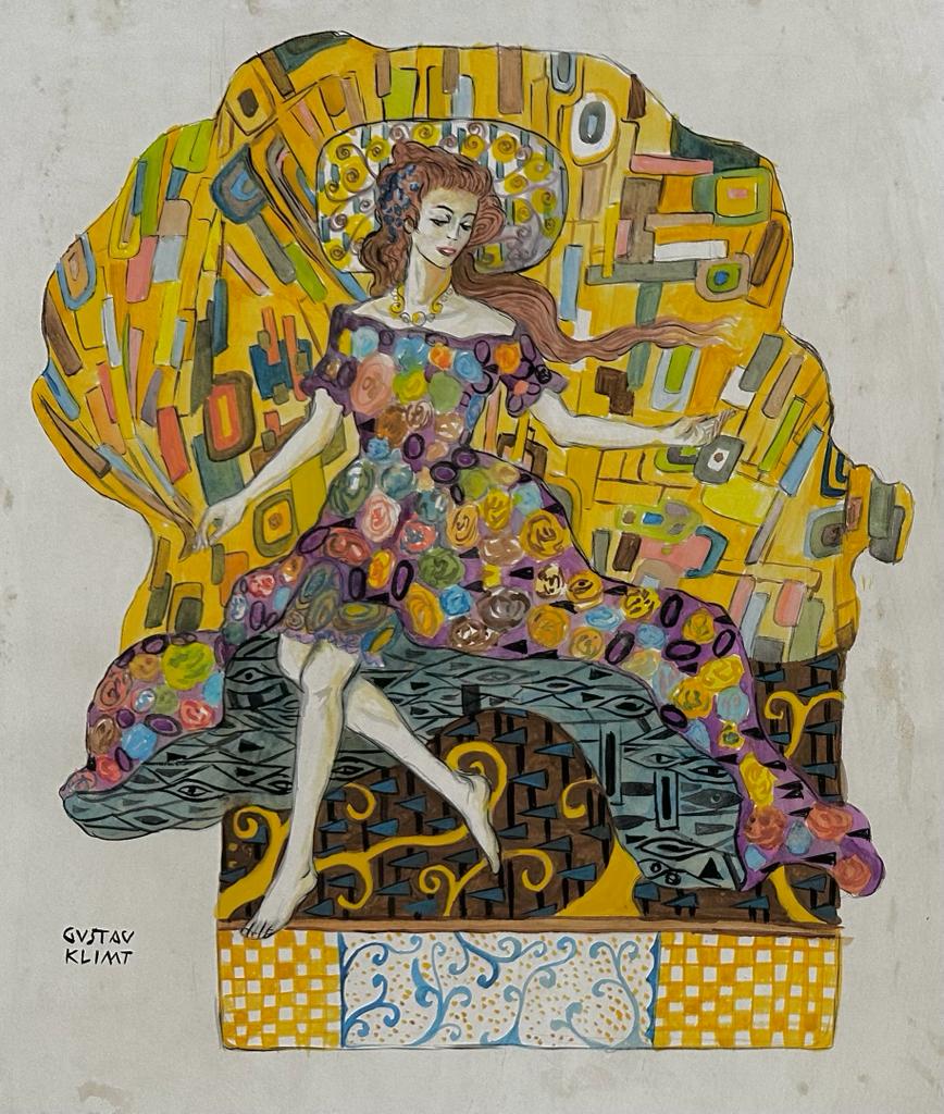 Gustav Klimt Austrian( Watercolor on Paper Painting) in the style of: Gustav Klimt appears in the Lower Left of the painting. Rendered in the Style of Gustav Klimt. Technique: Watercolor on paper painting. Measures: 15 1/2 x 13 Inches. Provenance: Private collection Eur