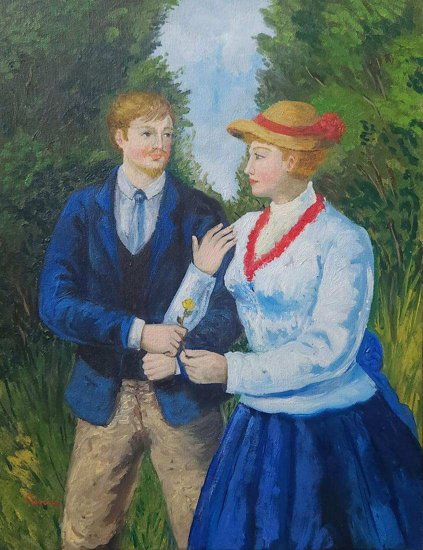 Pierre Auguste Renoir French (Oil on canvas Painting ) in the style of: Pierre-Auguste Renoir appears in the Lower Left of the painting. Rendered in the style of Pierre Auguste Renoir . Technique:Oil on Canvas Painting. Measures: 13 x 10 Inches. Provenance:Private Collect