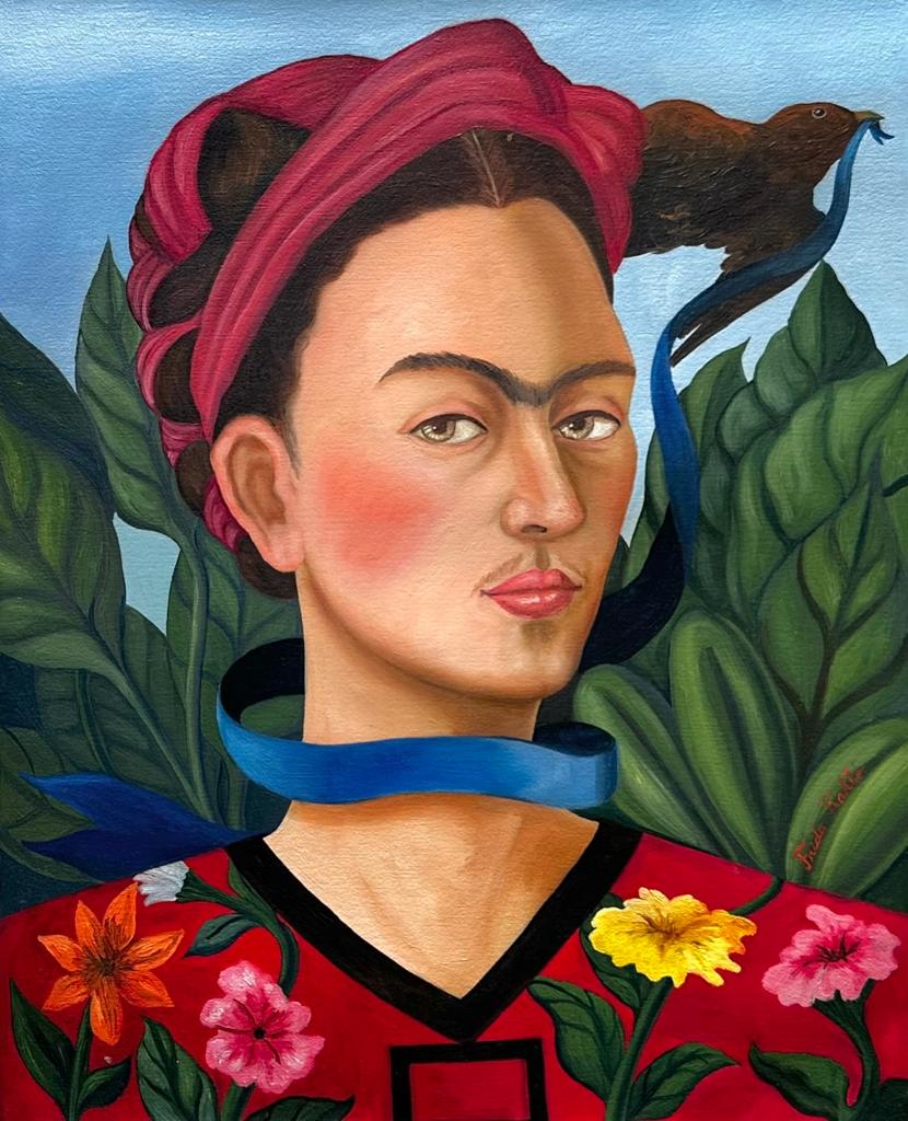 Frida Kahlo Mexican (Oil on Canvas Painting) in the style of: Frida Kahlo appears at the Lower Right of the painting .Rendered in the style of Frida Kahlo . Technique: Oil on Canvas Painting. Measures: 15 x 12 Inches. Provenance:Private Collection Mexico.A Certi