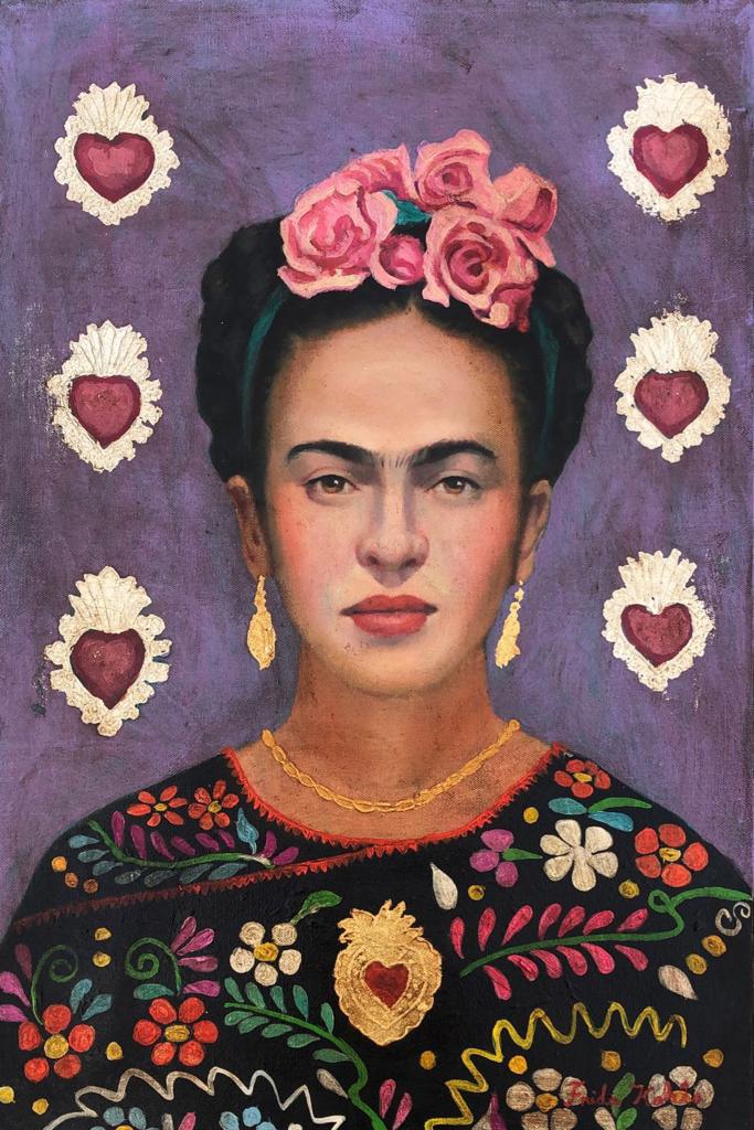 Frida Kahlo Mexican (Oil on Canvas Painting) in the style of: Frida Kahlo appears at the Lower Right of the painting .Rendered in the style of Frida Kahlo . Technique: Oil on Canvas Painting. Measures: 23 1/2 x 15 1/2 Inches. Provenance:Private Collection Mexico