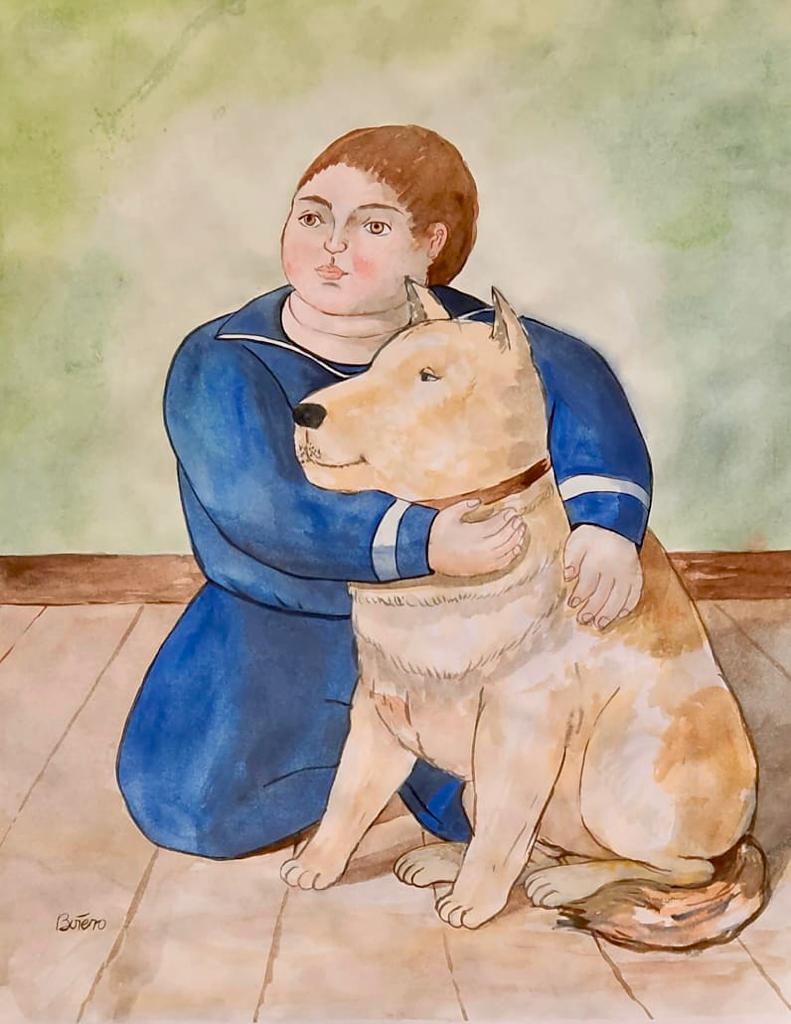 Fernando Botero Colombian ( Watercolor on Paper Painting ) in the style of: Botero appears in the Lower Left of the painting. Rendered in the style of Fernando Botero . Technique:Watercolor on Paper Painting. Measures: 14 x 11 Inches. Provenance:Private Collection Miami. This