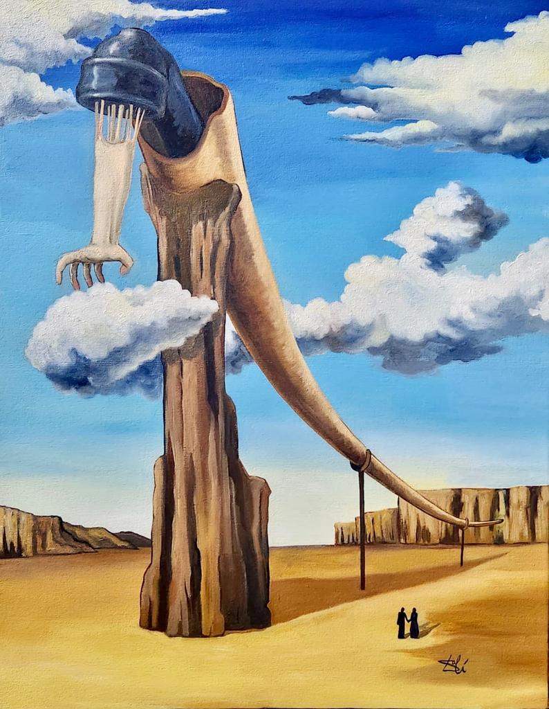 Salvador Dali Spanish ( Oil on Canvas Painting ) in the style of: Dali appears in Lower Right .Rendered in the surrealist style of Salvador Dali. Technique: Oil on canvas Painting. Measures: 19 x 15 Inches. Provenance: Acquired from the artist descent to the current