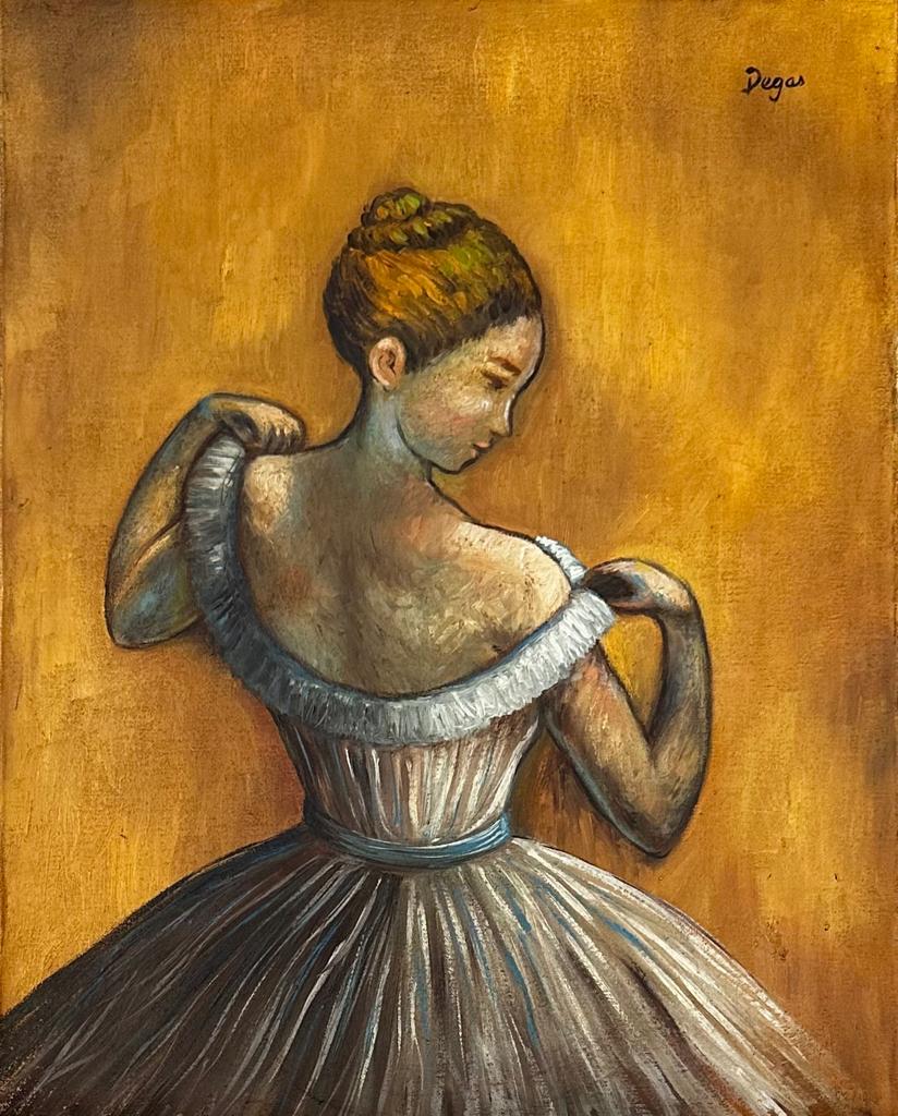 Edgar Degas French (Oil on Canvas Painting) in the style of: Edgar Degas appears in Upper Right. Rendered in the style of Edgar Degas. Technique: Oil on Canvas. Measures: 15 x 11 7/8 Inches. Provenance:Private Collection. This is not a Reproduction or a copy. T