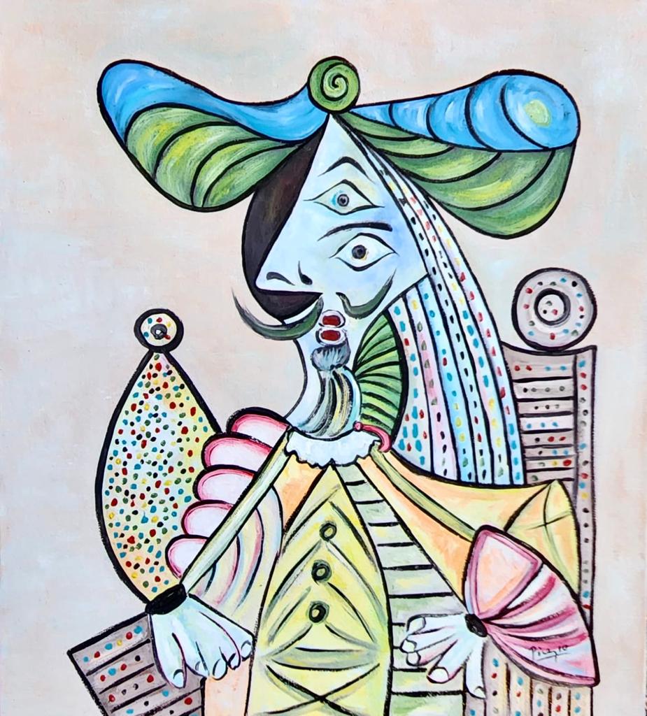 Pablo Picasso Spanish (Oil on Canvas Painting) in the style of: Picasso appears in the Lower Right of the painting. Rendered in the cubist style of Pablo Picasso. Technique: Oil on Canvas. Measures: 20 x 18 Inches. Provenance:Private Collection France Acquired by 