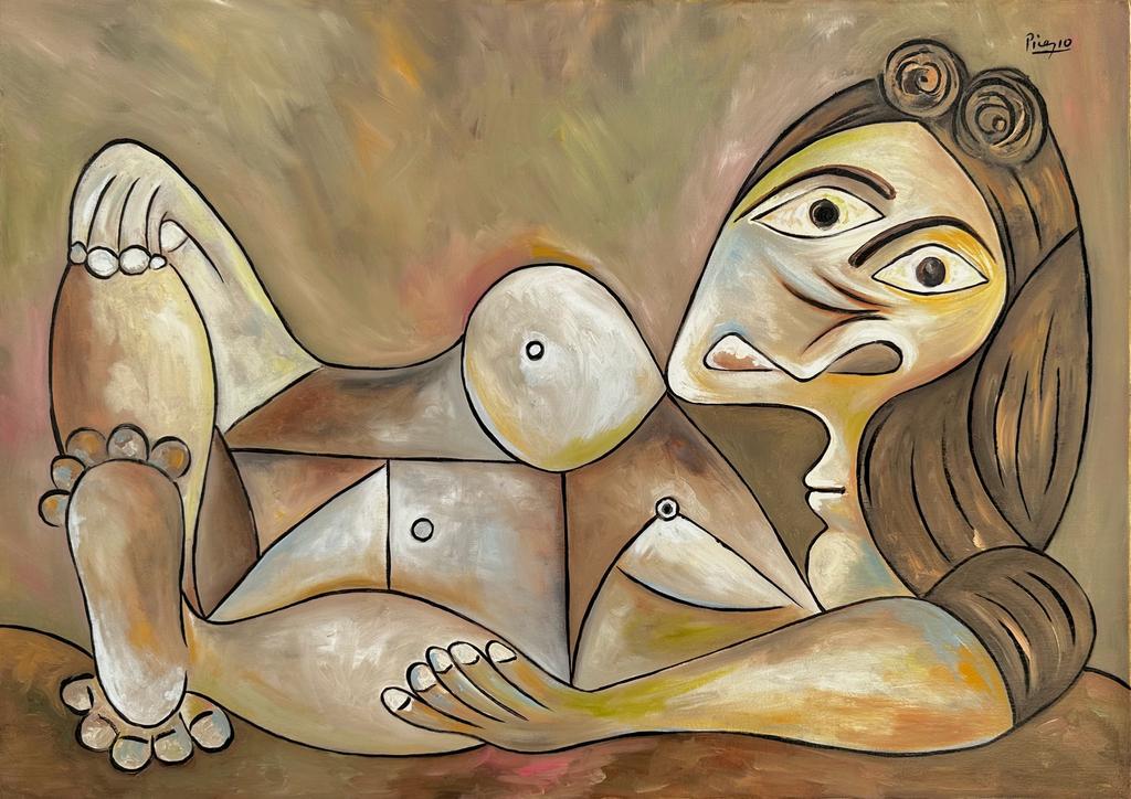 Pablo Picasso Spanish (Oil on Canvas Painting) in the style of: Picasso appears in the Upper Right of the painting. Rendered in the cubist style of Pablo Picasso. Technique: Oil on Canvas. Measures: 19 x 27 Inches. Provenance:Private Collection Europe. This Painti