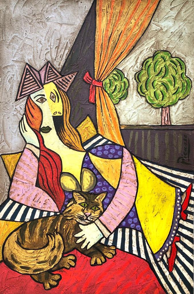 Pablo Picasso Spanish (Oil on Canvas Painting) in the style of: Picasso appears in the Right center margin of the painting. Rendered in the cubist style of Pablo Picasso. Technique: Oil on Canvas. Measures: 24 x 16 Inches. Provenance:Private Collection Spain Acqui