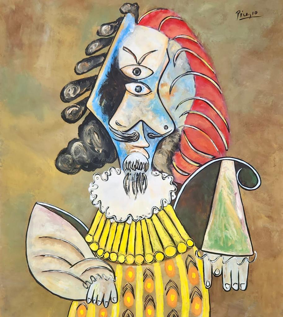 Pablo Picasso Spanish (Gouache on Paper Painting) in the style of: Picasso appears in the Upper right of the painting. Rendered in the cubist style of Pablo Picasso. Technique: Gouache on Paper Painting. Measures: 17 x 15 Inches. Provenance:Private Collection Europe 