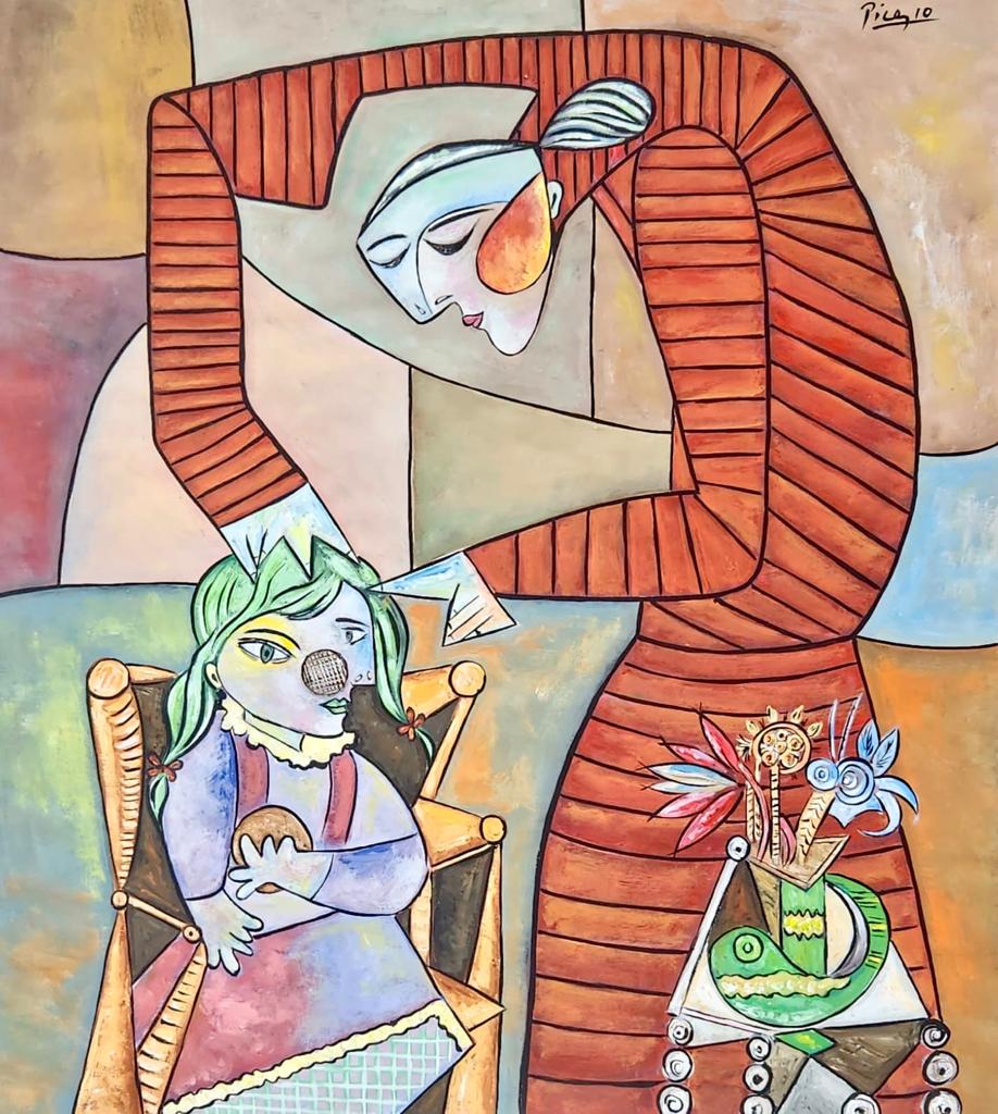 Pablo Picasso Spanish (Gouache on Paper Painting) in the style of: Picasso appears in the Upper right of the painting. Rendered in the cubist style of Pablo Picasso. Technique: Gouache on Paper. Measures: 16 x 14 Inches. Provenance:Private Collection Spain. This Pain