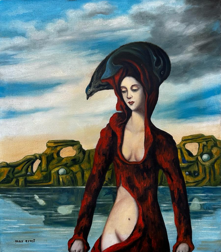 Max Ernst German (Oil on Canvas Painting ) in the style of: Max Ernst appears in Lower Left of the painting. Rendered in the style of Rene Magritte. Technique: Oil on Canvas Painting Painting. Measures: 16 x 14 1/4 Inches. Provenance: Private collection. This