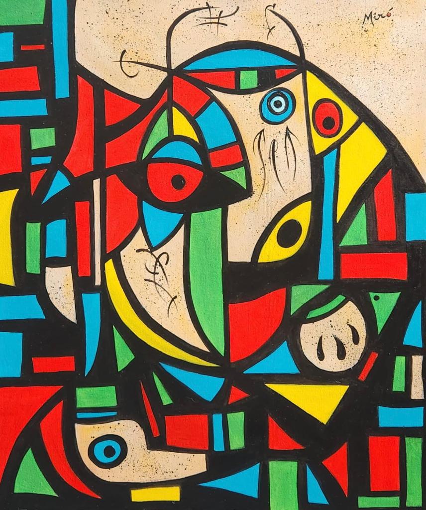 Joan Miro Spanish ( Oil on Canvas Painting ) in the style of: Miro appears in the Upper Right of the painting. Rendered in the surrealist style of Joan Miro. Technique: Oil on Canvas Painting. Measures: 19 x 16 Inches. Provenance: Private Collection Europe Acqui