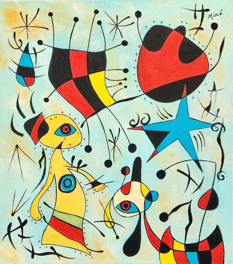 Joan Miro Spanish ( Oil on Canvas Painting ) in the style of: Miro appears in the Upper Right of the painting. Rendered in the surrealist style of Joan Miro. Technique: Oil on Canvas Painting. Measures: 16 x 14 Inches. Provenance: Private Collection Europe Acqui