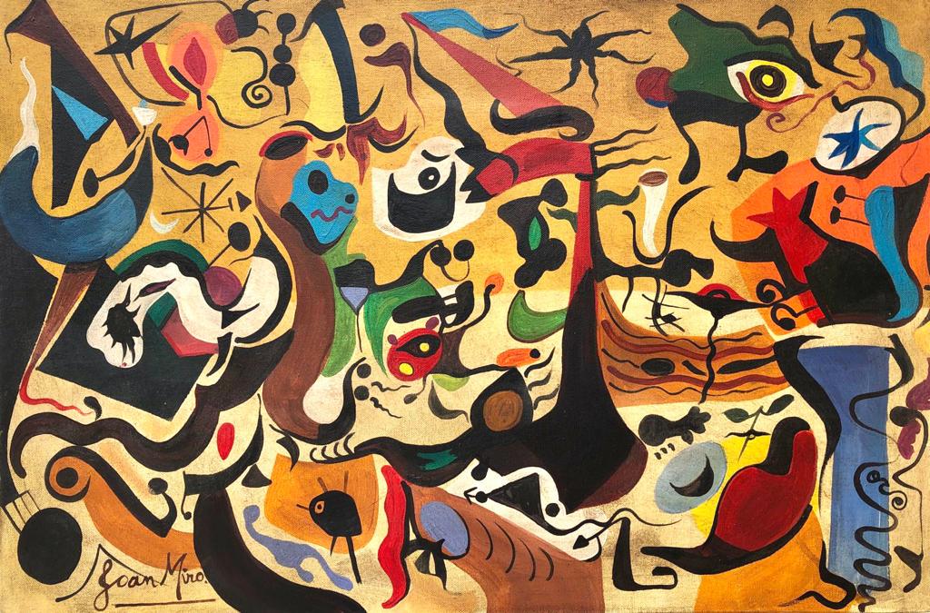 Joan Miro Spanish ( Oil on Canvas Painting ) in the style of: Miro appears in the Lower Left of the painting. Rendered in the surrealist style of Joan Miro. Technique: Oil on Canvas Painting. Measures: 23 1/2 x 16 Inches. Provenance: Private Collection Portugal 