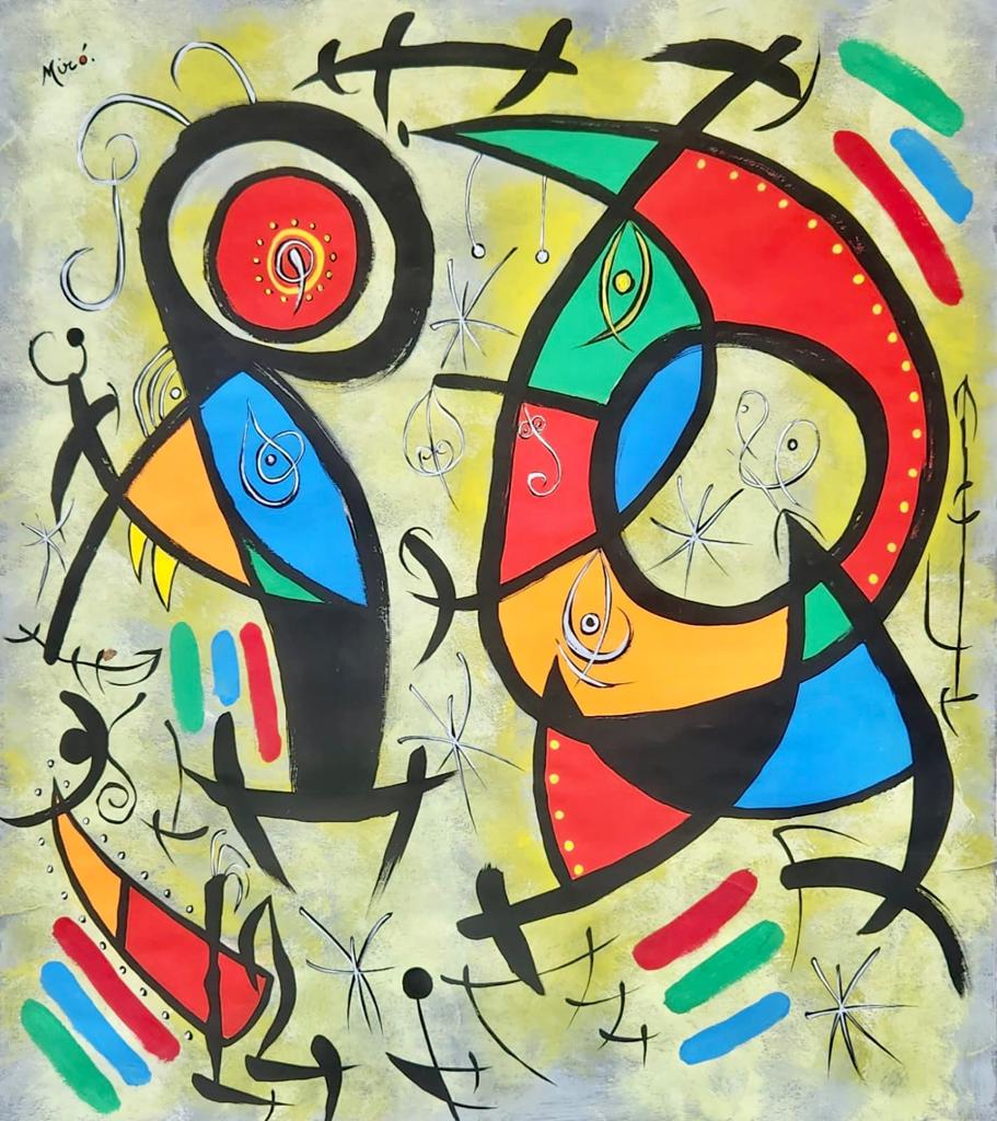 Joan Miro Spanish (Gouache on Paper Painting ) in the style of: Miro appears in the Upper Left of the painting. Rendered in the surrealist style of Joan Miro. Technique: Gouache on Paper Painting. Measures: 16 x 14 Inches. Provenance:Provenance Private collection 
