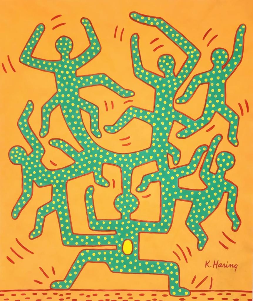 Keith Haring American (Gouache on Paper Painting) in the style of: Keith Haring appears in the Lower Right of the painting. Rendered in the style of Keith Haring. Technique: Gouache on Paper Painting. Measures: 18 x 15 Inches. Provenance:Private Collection .A Certifi