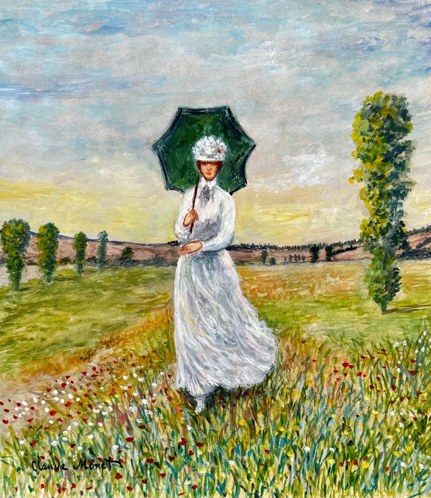 Claude Monet French (Watercolor on paper Painting) in the style of: Claude Monet appears in the lower Left of the painting. Rendered in the style of Claude Monet . Technique: Watercolor on Paper Painting. Measures: 14 x 12 Inches. Provenance: Private Collection.A Cert