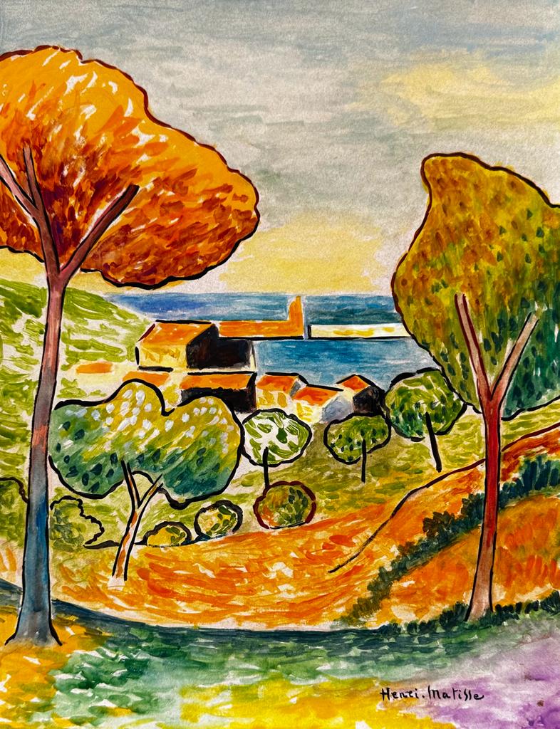 Henri Matisse French ( Watercolor on Paper Painting ) in the style of: Henri Matisse appears in the Lower Left of the painting. Rendered in the style of Henri Matisse . Technique:Watercolor on Paper Painting. Measures: 13 x 10 Inches. Provenance:Private Collection France