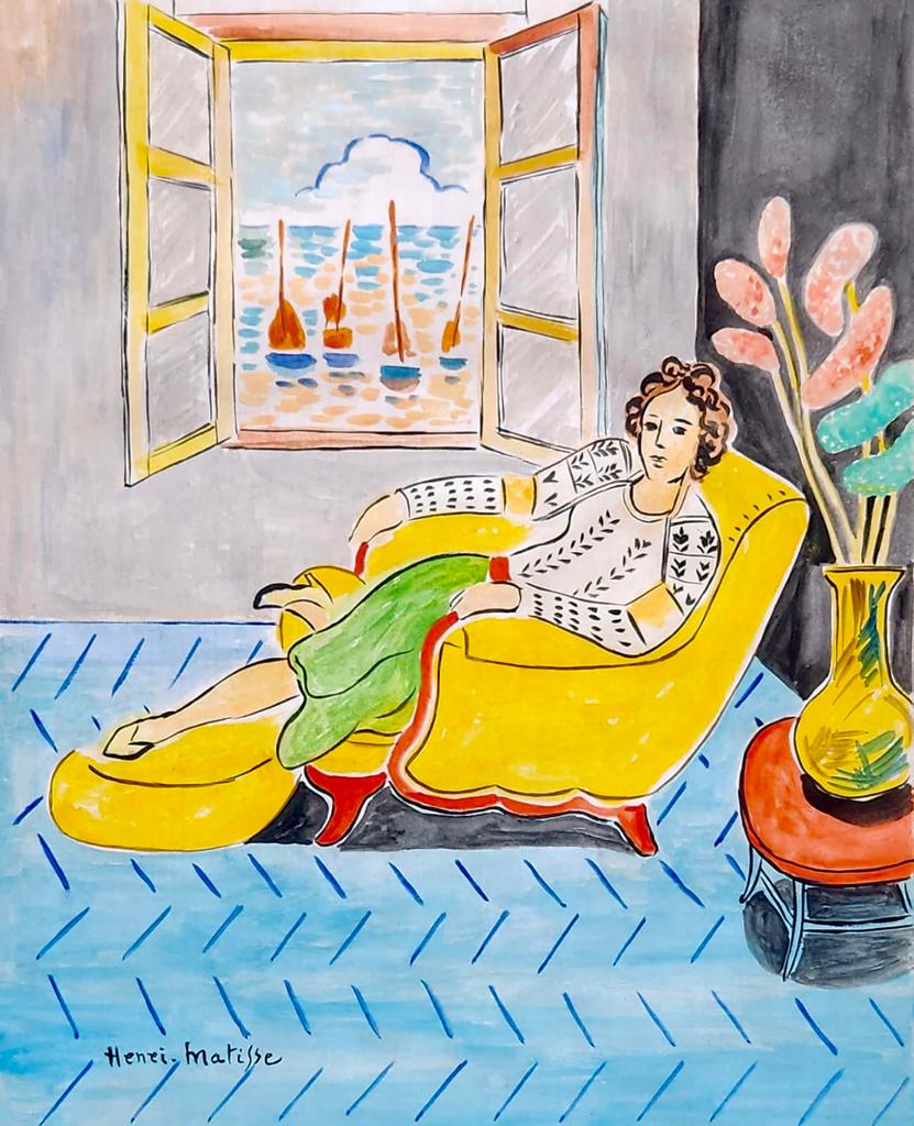 Henri Matisse French ( Watercolor on Paper Painting ) in the style of: Henri Matisse appears in the Lower Left of the painting. Rendered in the style of Henri Matisse . Technique:Watercolor on Paper Painting. Measures: 15 x 12 Inches. Provenance:Private Collection France