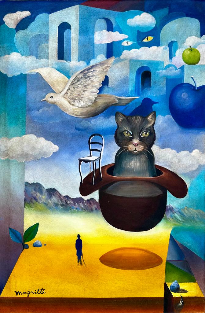 Rene Magritte Belgian ( Oil on Canvas Painting ) in the style of: Rene Magritte appears in the Lower Right of the painting. Rendered in the style of Rene Magritte. Technique: Oil on Canvas Painting. Measures: 23 1/2 x 15 Inches. Provenance: Private collection Belgiu