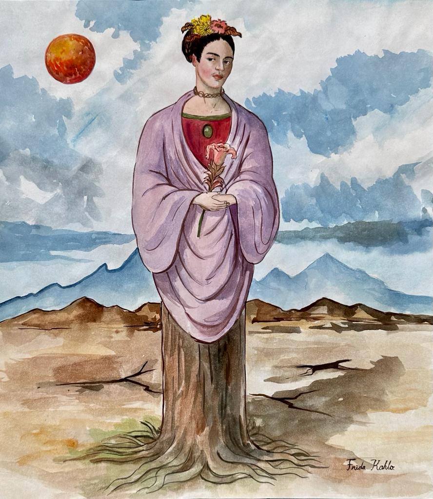 Frida Kahlo Mexican ( Watercolor on Paper Painting ) in the style of: Frida Kahlo appears in the Lower right of the painting. Rendered in the style of Frida Kahlo . Technique:Watercolor on Paper Painting. Measures: 16 x 14 Inches. Provenance:Private Collection Texas Acq