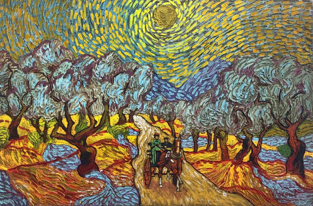 Vincent van Gogh Dutch (Oil on Canvas painting) In The Style Of: Vincent appears in the Lower right of the painting. Rendered in the style of Vincent van Gogh. Technique: Oil on Canvas painting. Measures: 15 1/2 x 23 1/2 Inches. Provenance: Private collection Europ