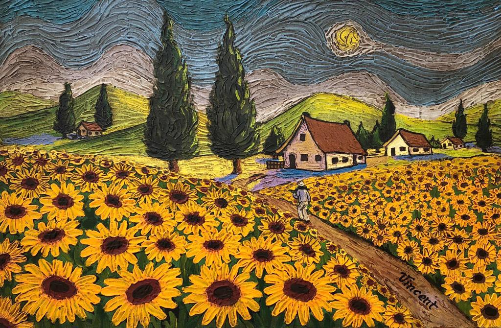 Vincent van Gogh Dutch (Oil on Canvas painting) In The Style Of: Vincent appears in the Lower right of the painting. Rendered in the style of Vincent van Gogh. Technique: Oil on Canvas painting. Measures: 16 x 23 1/2 Inches. Provenance: Private collection Europe.A 