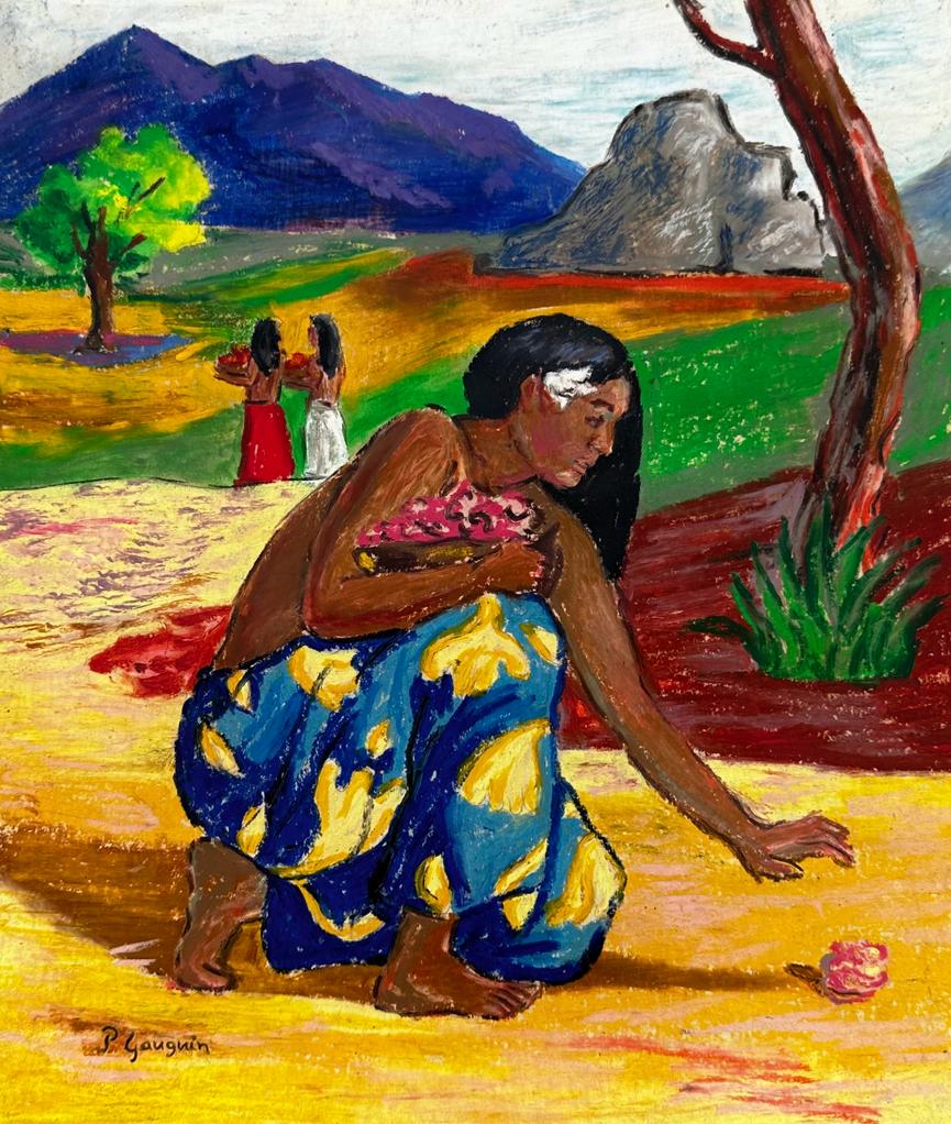 Paul Gauguin French ( Pastel on Paper Painting ) in the style of: Paul Gauguin Appears at the Lower Left of the Painting. Rendered in the style of Paul Gauguin. Technique: Pastel on Paper Painting. Measures: 14 x 12 Inches. Provenance:Private Collection. This is not