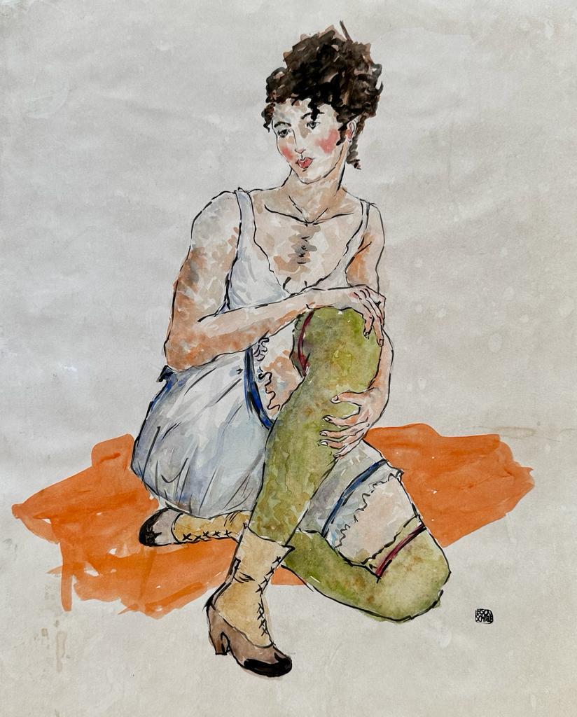 Egon Schiele Austrian (Mixed Media on Paper painting) in the style of (1 of 4)