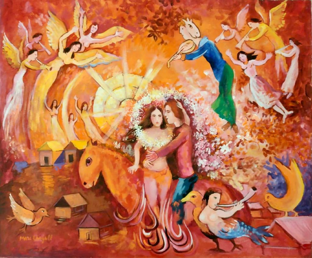 Marc Chagall Russian (Oil on Canvas Painting ) in the style of: Rendered in the cubist style of Marc Chagall. Technique: Oil on canvas painting. Measures: 17 x 14 inches. Provenance: Private collection Russia. The Painting is framed. Lived between(6 July 24 June]