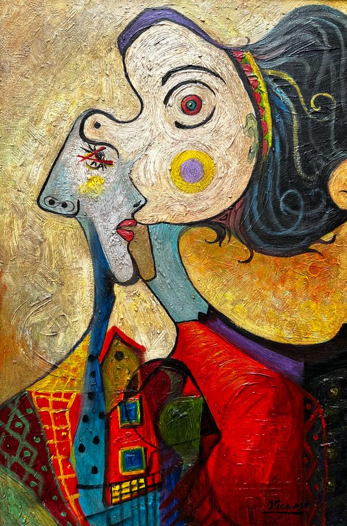 Pablo Picasso Spanish (Oil on Canvas Painting) in the style of: Rendered in the cubist style of Pablo Picasso. Technique: Oil on Canvas. Measures: 23 1/2 x 15 1/2 Inches. Provenance:Private Collection France Louis Durand Acquired in 1968.The Painting is framed. Li