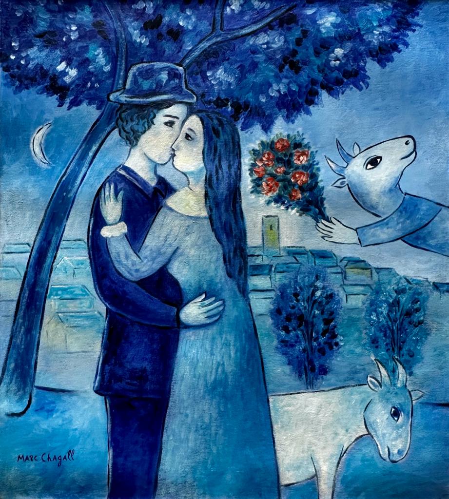 Marc Chagall Russian (Oil on Canvas) in the style of: Rendered in the style of Marc Chagall. Technique: Oil on canvas painting. Measures: 18 x 16 inches. Provenance: Private collection France.The Painting is framed. Lived between(6 July 24 June] 1887 28