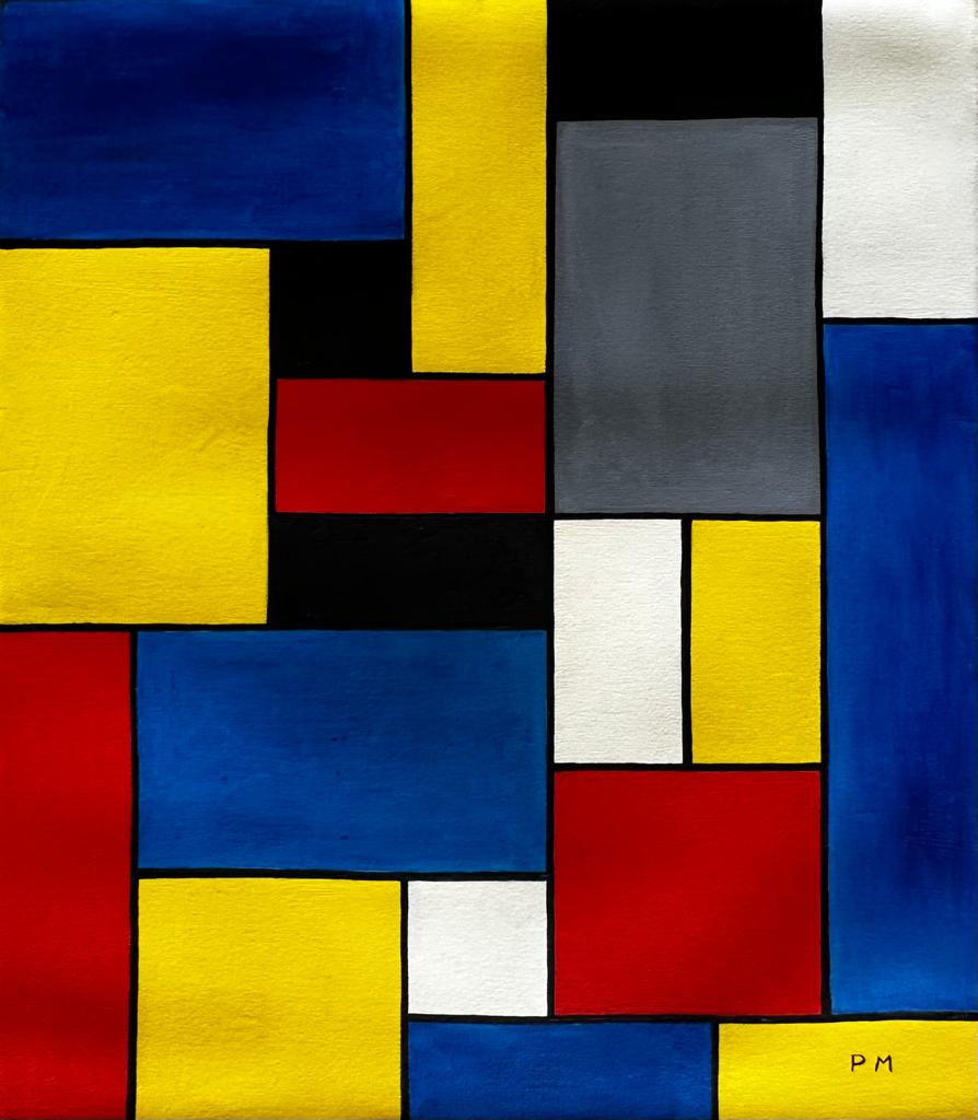 Piet Mondrian (Oil on Canvas) Style of: Rendered in the style of Piet Mondrian. Technique: Oil on canvas painting. Measures:16 x 14 Inches. Provenance: Private collection. The Painting is framed. Lived between(7 March 1872 â€“ 1 Februa