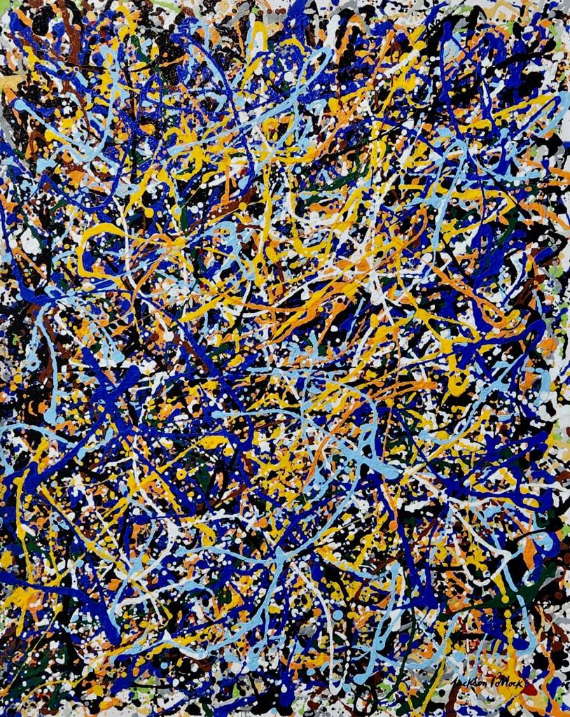 Jackson Pollock American (Oil on Canvas Painting) in the style of: Rendered in the style of Jackson Pollock. Technique: Oil on Canvas Painting. Measures: 30 x 24 Inches. Provenance: Private Collection Texas. The Painting is framed. Lived between(January 28, 1912 Augu