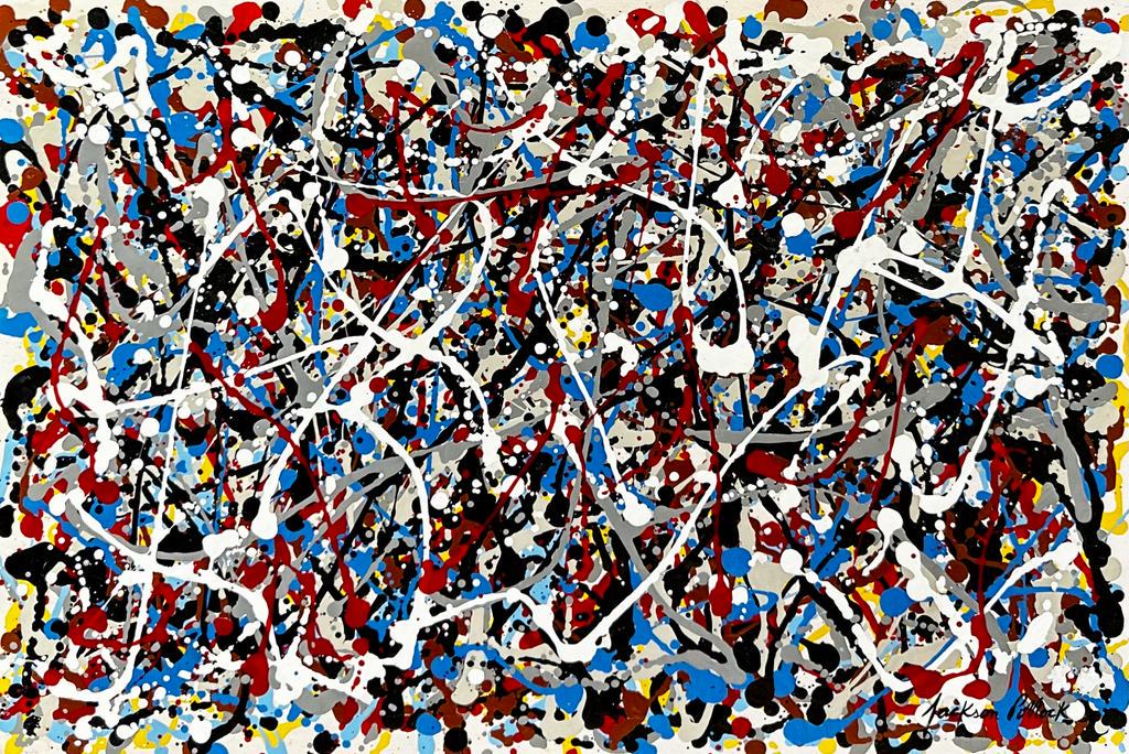 Jackson Pollock American (Oil on Paper Painting) in the style of: Beautiful drip Color Painting Rendered in the style of Jackson Pollock. Technique: Oil on paper painting. Measures: 12 1/2 x 18 Inches. Provenance: Private collection Miami . The Painting is framed. L