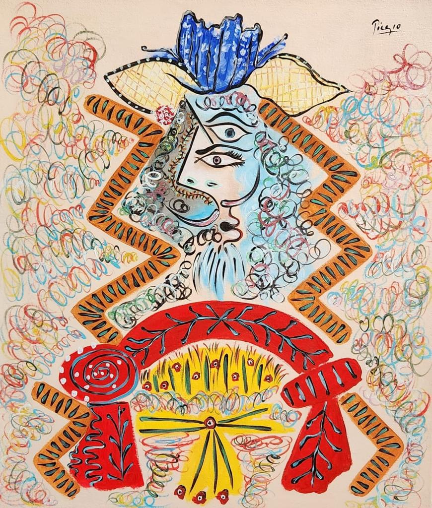 Pablo Picasso Spanish (Oil on Canvas Painting) style of: Oil on canvas painting,rendered in the cubist style of Pablo Picasso. Technique: Oil on canvas. Measures: 21 x 18 Inches. Provenance:Private collection Spain. Acquired in 1962 in Madrid, private colle