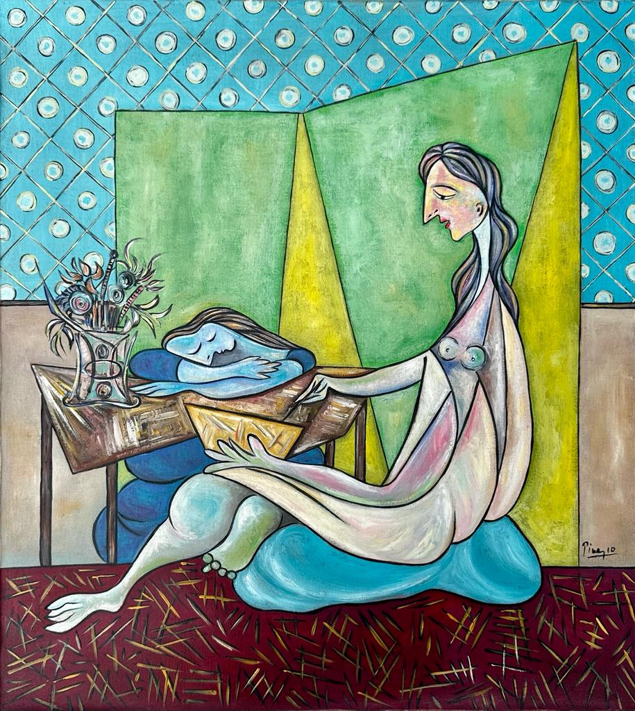 Pablo Picasso Spanish (Oil on Canvas Painting) style of: Oil on canvas painting, rendered in the cubist style of Pablo Picasso. Technique: Oil on canvas. Measures: 20 x 18 Inches. Provenance:Private collection New York. The painting is framed. Lived between