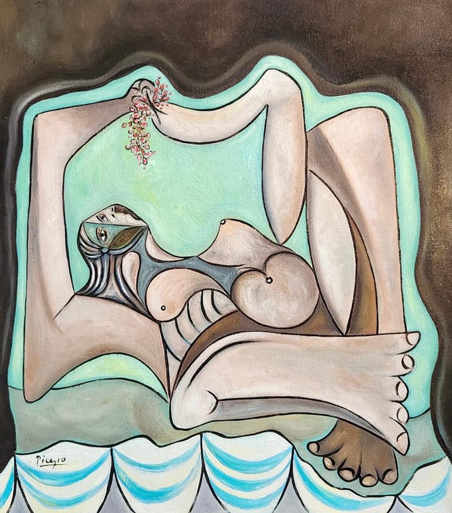 Pablo Picasso Spanish (Oil on Canvas Painting) style of: Oil on canvas Painting,Rendered in the cubist style of Pablo Picasso. Technique: Oil on canvas. Measures: 18 x 16 Inches. Provenance: Private colection. The painting is framed. Lived between (25 Octob