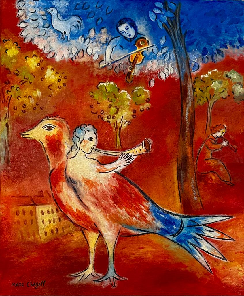 Marc Chagall Russian (Oil on Canvas) in the style of: Oil on canvas painting rendered in the Cubist style of Marc Chagall. Technique: Oil on canvas painting. Measures: 24 x 35 inches. Provenance: Private collection Paris, France. The Painting is framed.