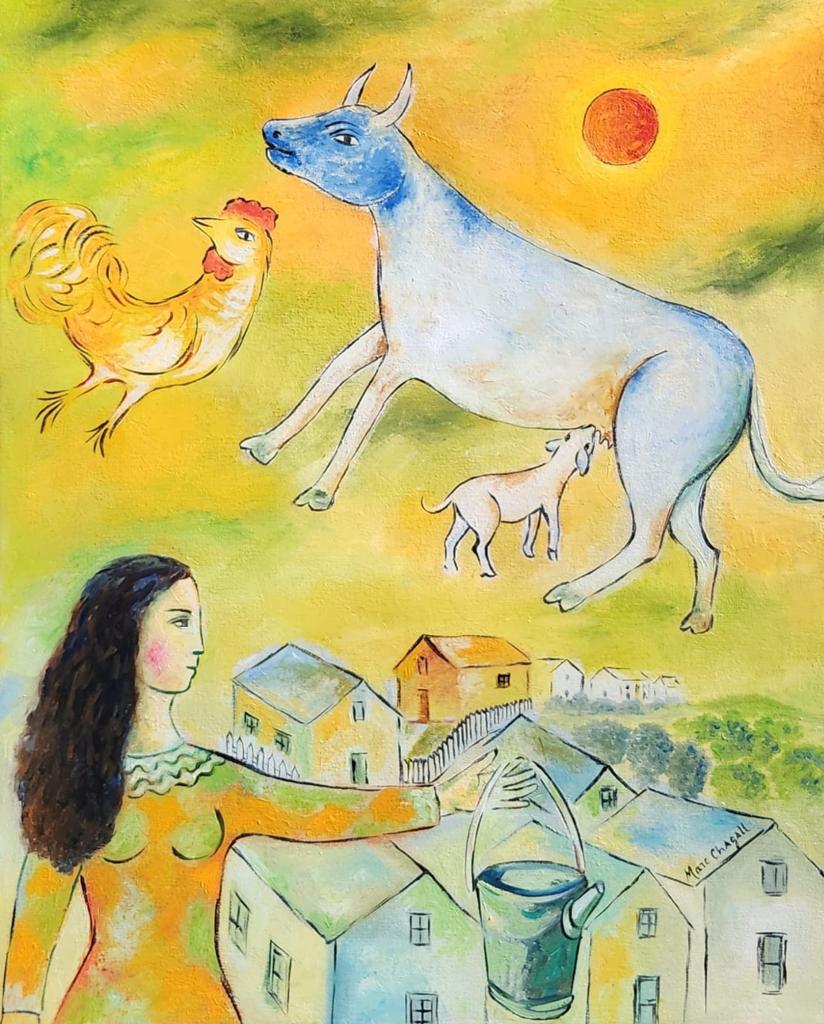 Marc Chagall Russian (Oil on Canvas) style of: Oil on canvas painting rendered in the style of Marc Chagall. Technique: Oil on canvas painting. Measures: 20 x 16 inches. Provenance: Private collection Europe. The Painting is framed. Lived between(