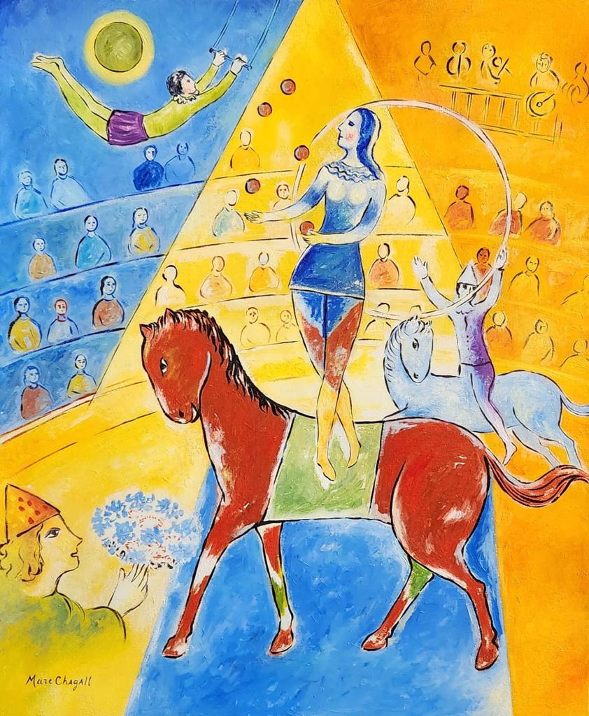 Marc Chagall Russian (Oil on Canvas) style of: Oil on canvas painting rendered in the style of Marc Chagall. Technique: Oil on canvas painting. Measures: 24 x 20 inches. Provenance: Private collection Laura Sabinne Portugal. The Painting is framed