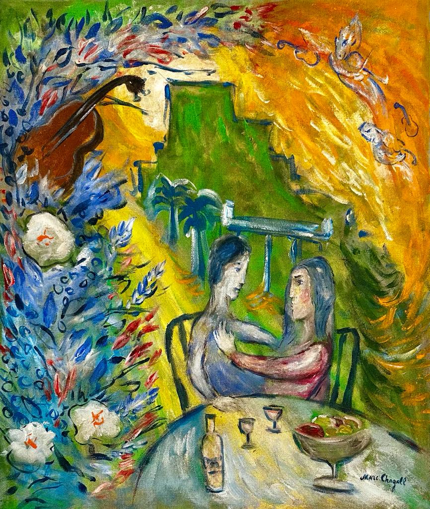 Marc Chagall Russian (Oil on Canvas) style of: Oil on canvas painting rendered in the style of Marc Chagall. Technique: Oil on canvas painting. Measures: 24 x 20 inches. Provenance: Private collection. The Painting is framed. Lived between(6 July
