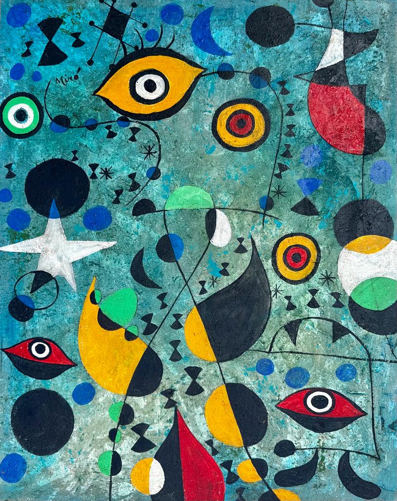 Joan Miro Spanish ( Oil on Canvas Painting) style of: Rendered in the surrealist style of Joan Miro. Technique: Oil on canvas painting. Measures: 20 x 16 Inches. Provenance: Private collection. The Painting is framed. Lived between(20 April 1893 25 Decem