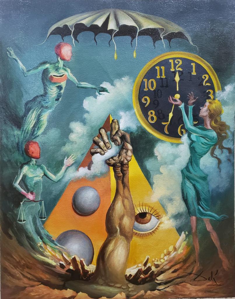 Salvador Dali Spanish (Oil on Canvas Painting) style of: Beautiful Oil on canvas painting, rendered in the surrealist style of Salvador Dali. Technique: Oil on canvas painting. Measures: 18 x 14 Inches. Provenance: Private collection. The Painting is framed