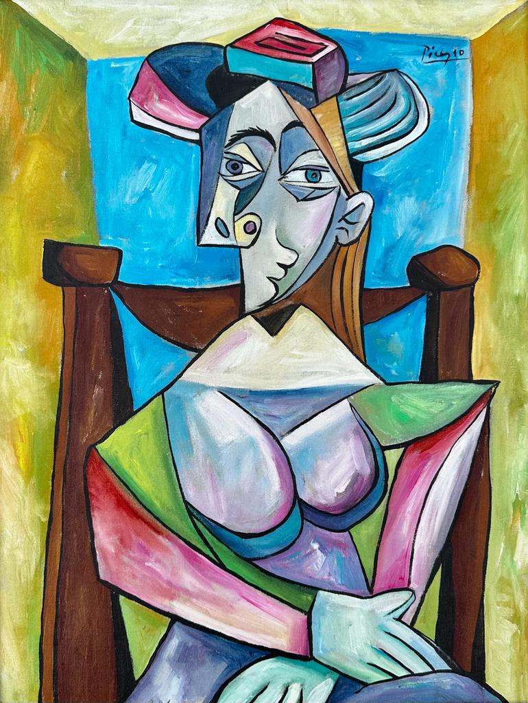 Pablo Picasso Spanish (Oil on Canvas Painting) style of: Spanish Cubist Oil on canvas Painting. Rendered in the style of Pablo Picasso .Technique: Oil on canvas. Measures:24 x 18 Inches. Provenance:Private Collection Luxembourg acquired in 1982. The paintin