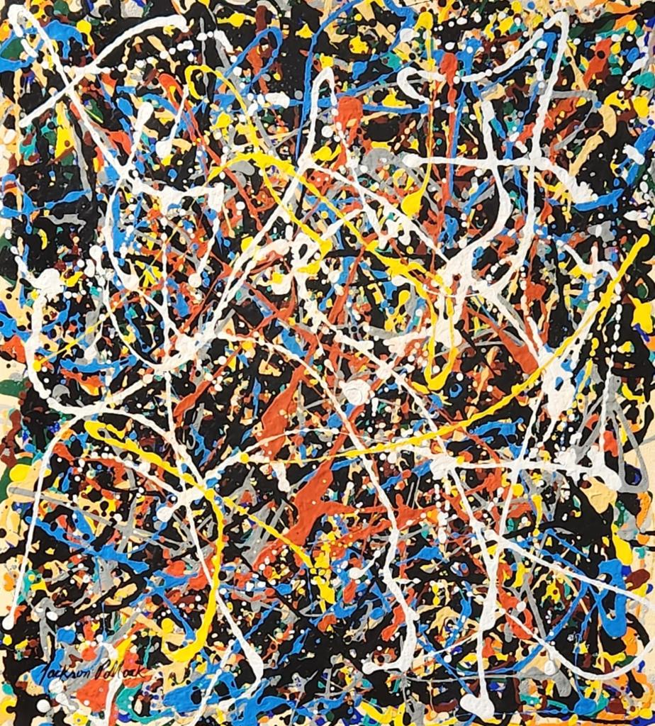Jackson Pollock American (Oil on Canvas Painting) style of: Beautiful abstract art and drip technique rendered in the style of Jackson Pollock. Technique: Oil on Canvas painting. Measures: 24 x 20 Inches. Provenance: Private Collection Texas. The Painting is f