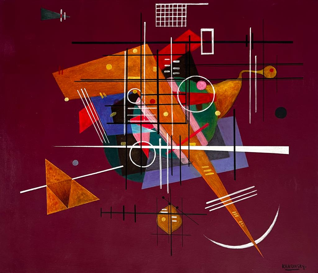 Wassily Kandinsky Russian (Oil on Canvas) in the style of: Rendered in the style of Wassily Kandinsky. Technique: oil on canvas painting. Measures: 25.5 x 30 Inches. Provenance:Private collection Europe.The Painting is framed. Lived between Lived Between (4 D