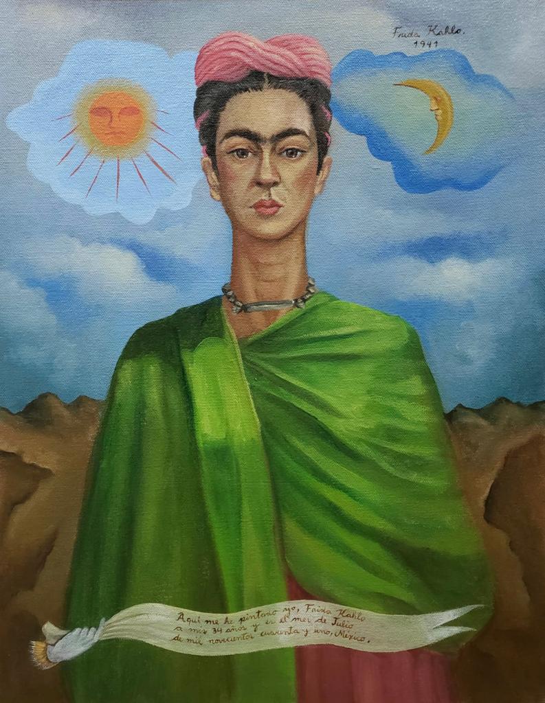 Frida Kahlo Mexican (Oil on Canvas painting) style of: Mexican Elements Beautiful Self-portrait Rendered in the style of Frida Kahlo . Technique: Oil on canvas painting. Measures: 18 x 14 Inches. Provenance:Private collection Mexico City. The painting is 