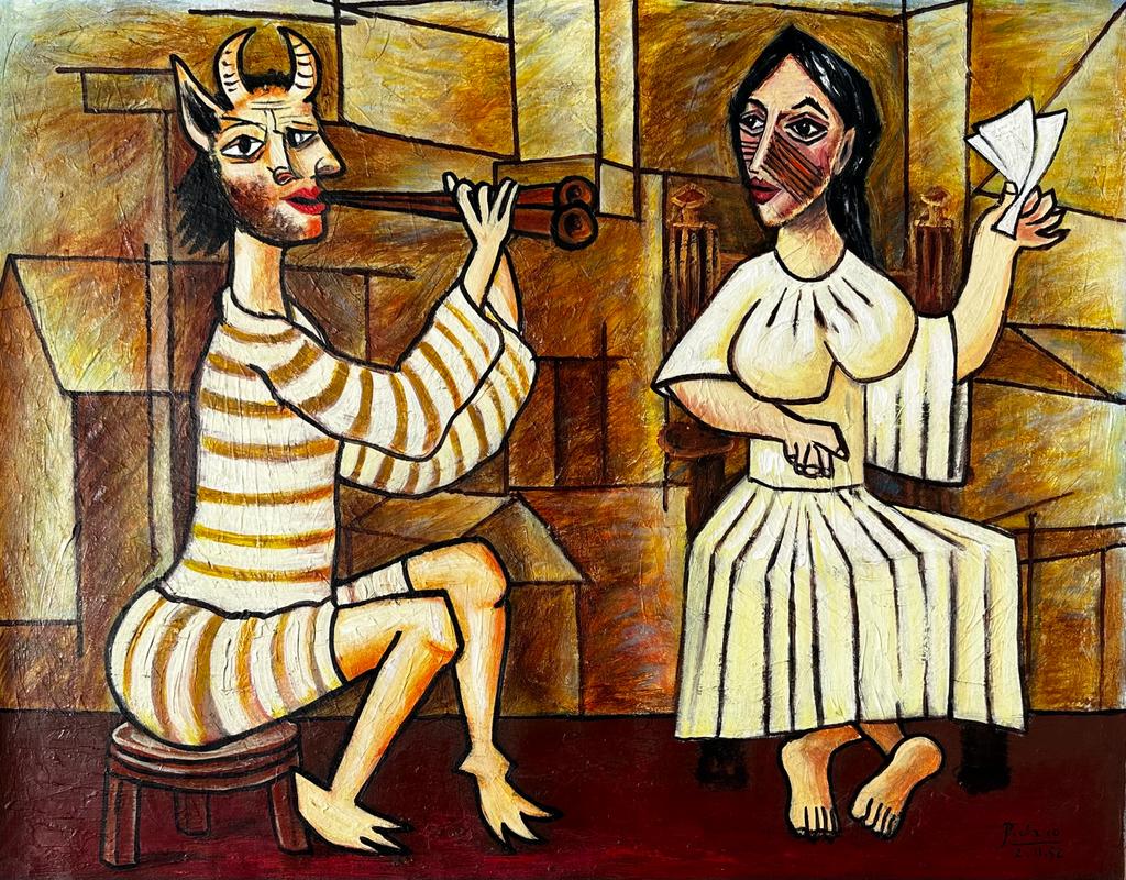 Pablo Picasso Spanish ( Large Oil on Canvas Painting) style of: Large oil on canvas Painting,Rendered in the cubist style of Pablo Picasso. Technique: Oil on Canvas. Measures: 28 x 36 Inches. Provenance:Private Collection Europe Acquired by descent in 1973 France,