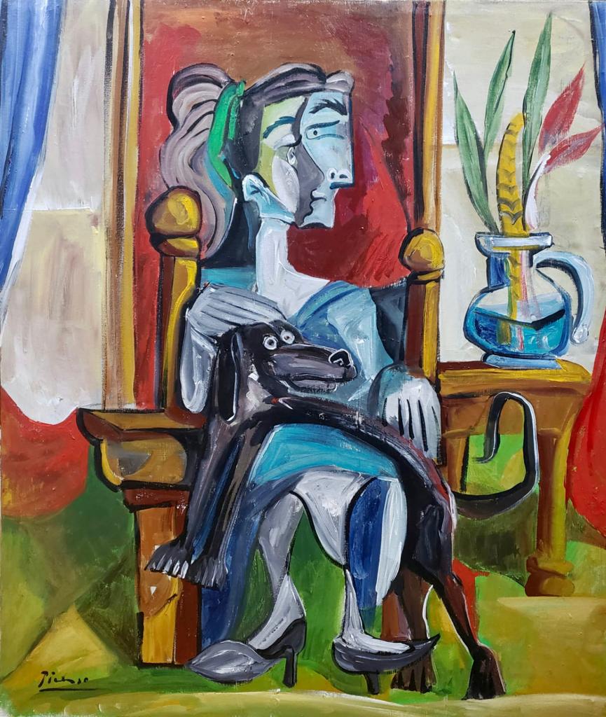 Pablo Picasso Spanish ( Large Oil on Canvas Painting ) style of: Beautiful and Large Oil on canvas Painting, Rendered in the cubist style of Pablo Picasso. Technique: Oil on canvas. Measures: 30 x 24 Inches. Provenance: Private collection France acquired by descent